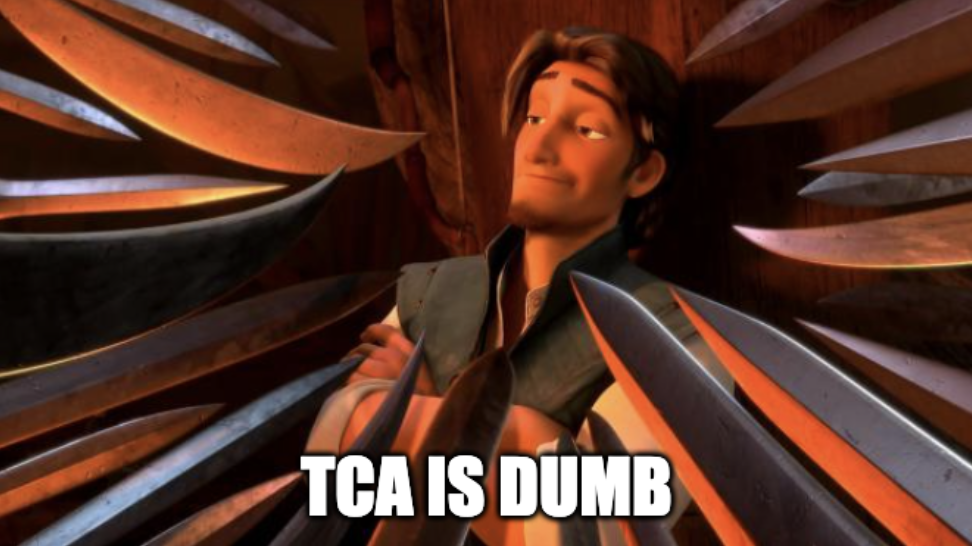 Flyn Rider meme with swords pointing at him, the caption reads 'TCA is Dumb'